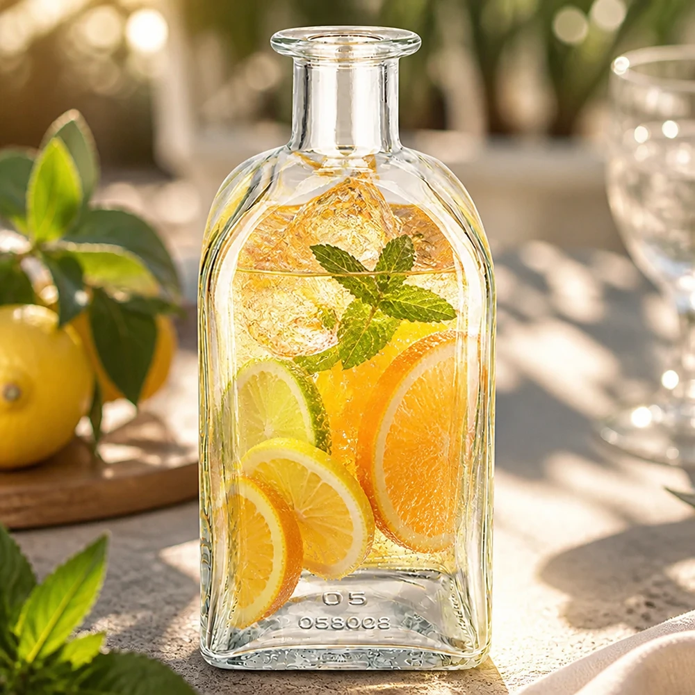 500ml Glasflasche "Julia" ohne Verschluss UNiTWIST 500ml Glasflasche Julia mit Zitrusfrüchte-Infusion und Minze gefüllt in sonniger Gartenambiente als Erfrischungsgetränk