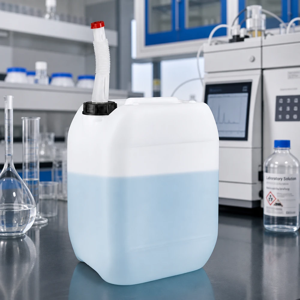 Kanister 10 Liter mit Auslaufrohr Flex HDPE Kunststoffkanister 10 L mit Flex-Auslaufrohr für sichere Chemikalienhandhabung im Labor