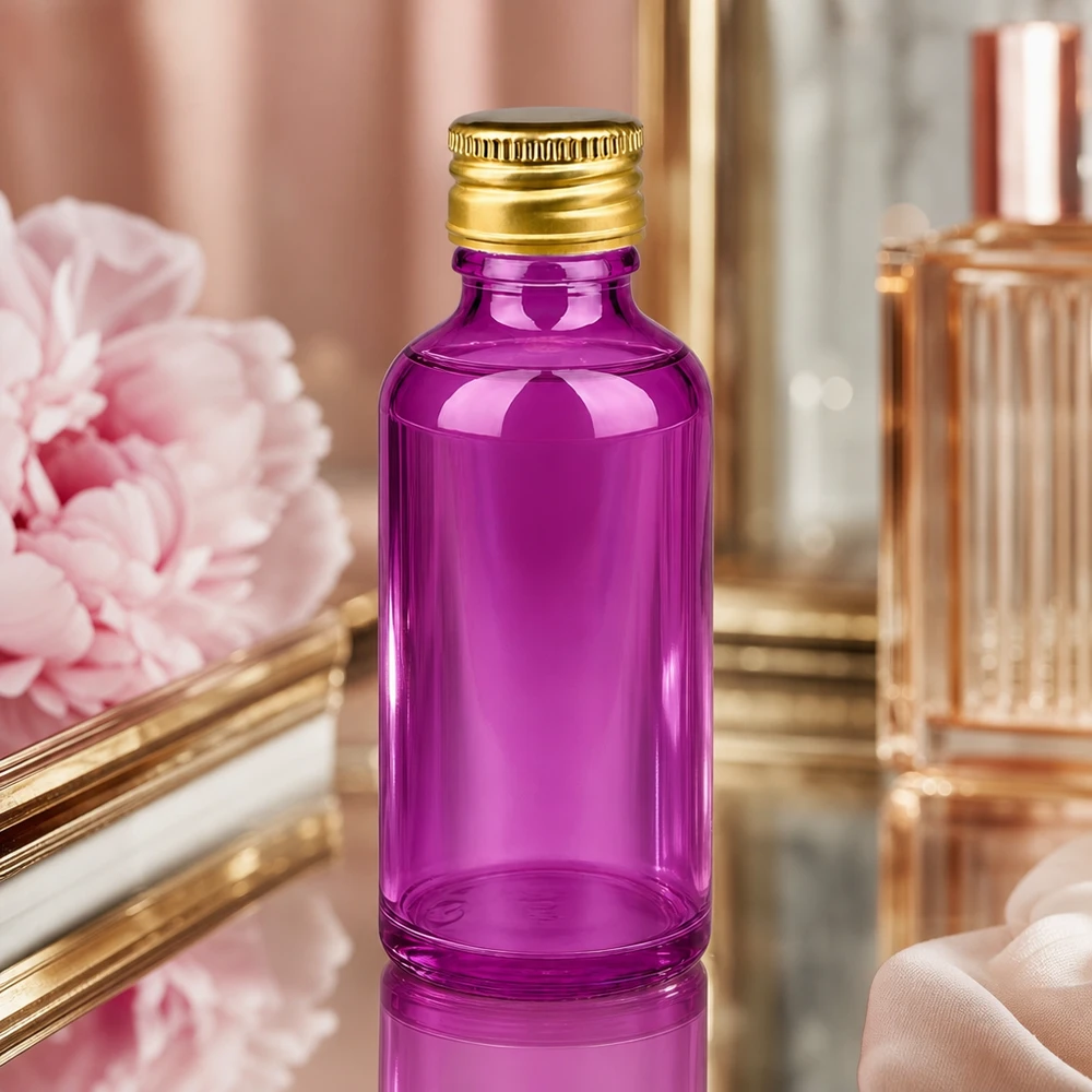 50ml Flasche 11mm Schraubverschluss Alu-Gold Standard PurpleLine. UT18/50 Kleine 50ml Flasche aus violettem Glas mit goldenem Verschluss perfekt für Reisegrößen und Proben