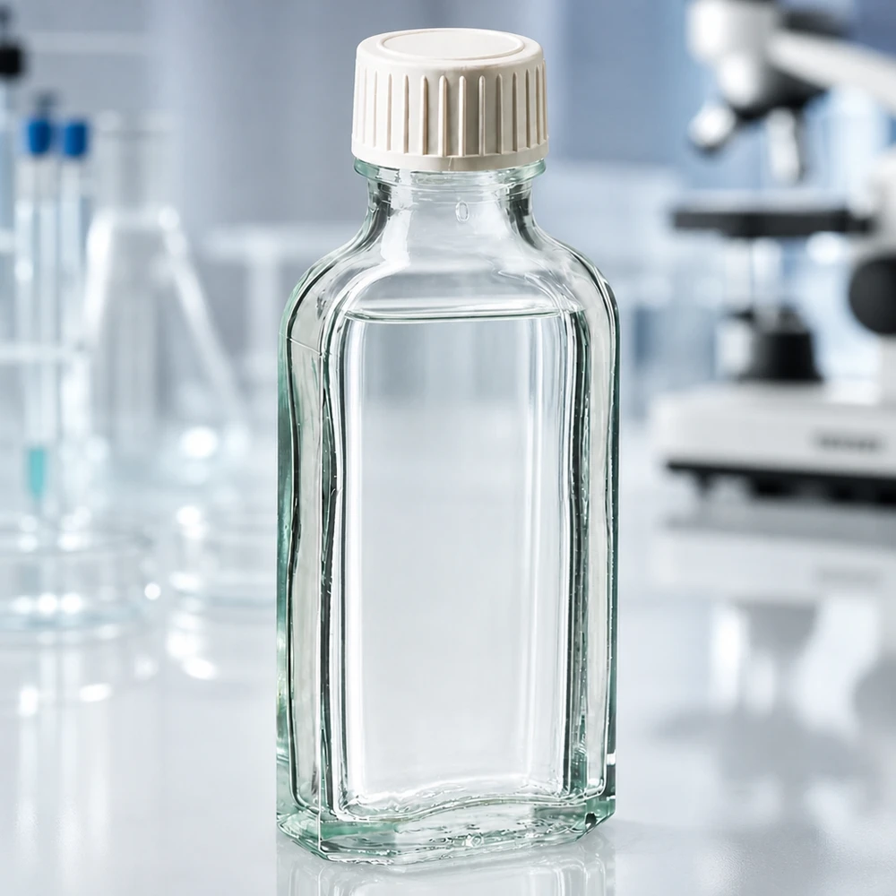 Transparente 50ml Laborflasche mit PE-Schaumeinlage und Mikroskop im Hintergrund