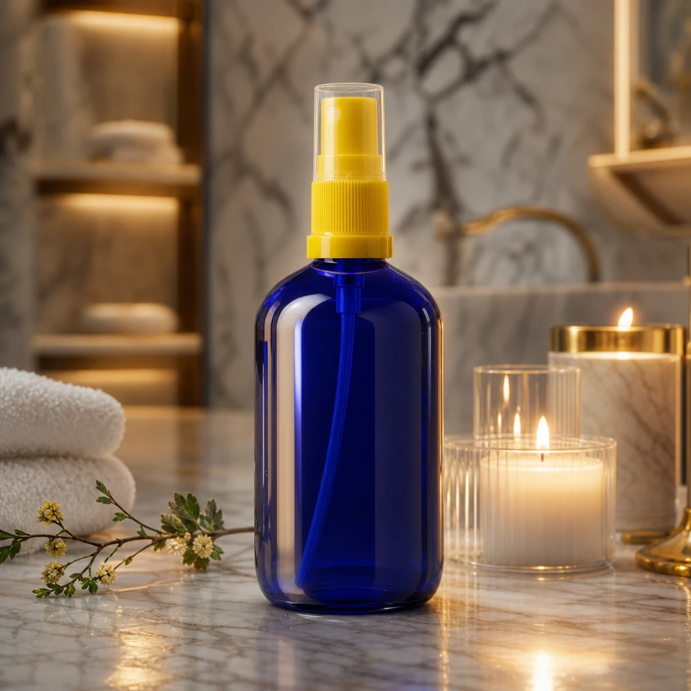 Apothekenflasche blau 100ml Sprayaufsatz gelb Kobaltblaue Apothekerglas Sprayflasche 100ml mit UV-Schutz und gelbem Zerstäuber