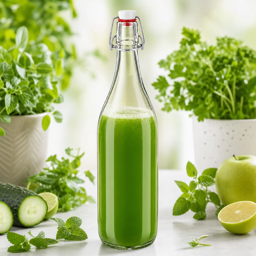 1000ml Glasflasche Bügelverschluss PVC mit grünem Smoothie gefüllt umgeben von frischen Kräutern und Gemüse