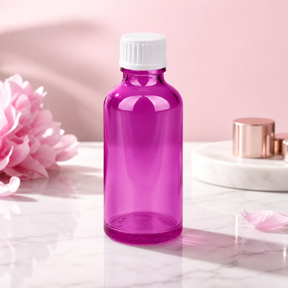 50ml (Globuli)Flasche 3mm Giessring weiß Standard PurpleLine. UT18/50 Kleine 50ml Glasflasche in Purple mit kindersicherem Verschluss für Medizin und Wellness