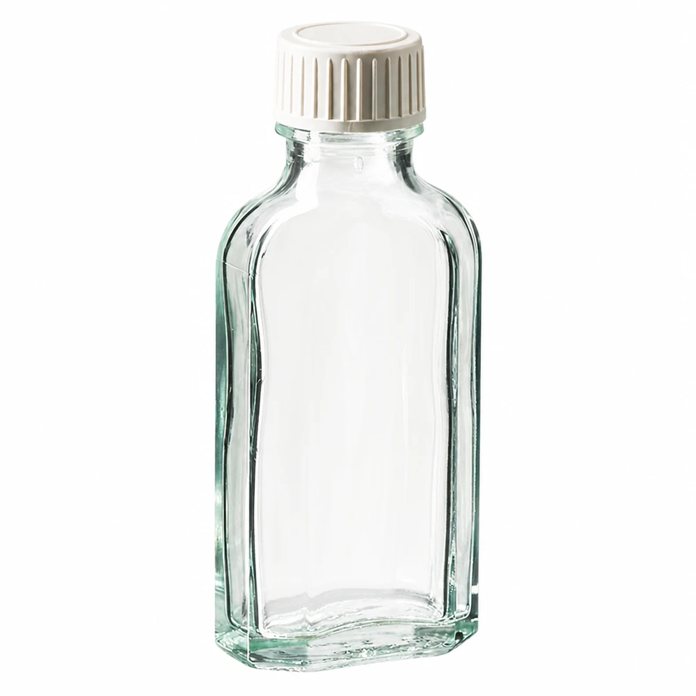 50 ml Meplat klar Schraubverschluss mit PE-Schaumeinlage Kleine transparente Vierkantflasche 50ml mit weißem Kunststoffdeckel aus Glas