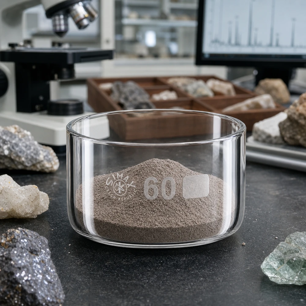 60ml Kristallisierschale ohne Ausguss Borosilikat ø60mm Zylindrische Borosilikatglas Schale 60ml Simax mit grauem Pulver in geologischem Forschungslabor