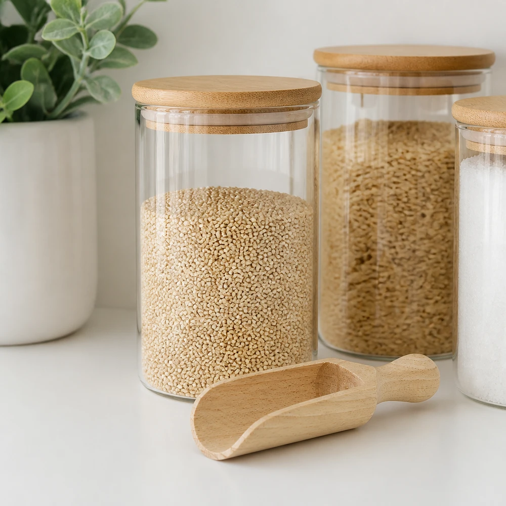 Holzschaufel M 14cm mit Vorratsgläsern und Getreide - praktisches Küchenhelfer aus Naturholz für Zero Waste Küche