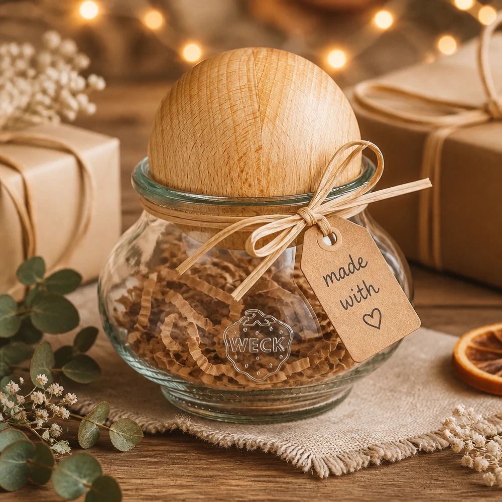 WECK Schmuckglas 220ml RR60 mit Holzkugel aus Buche als Geschenkverpackung mit Schleife und Anhänger made with love