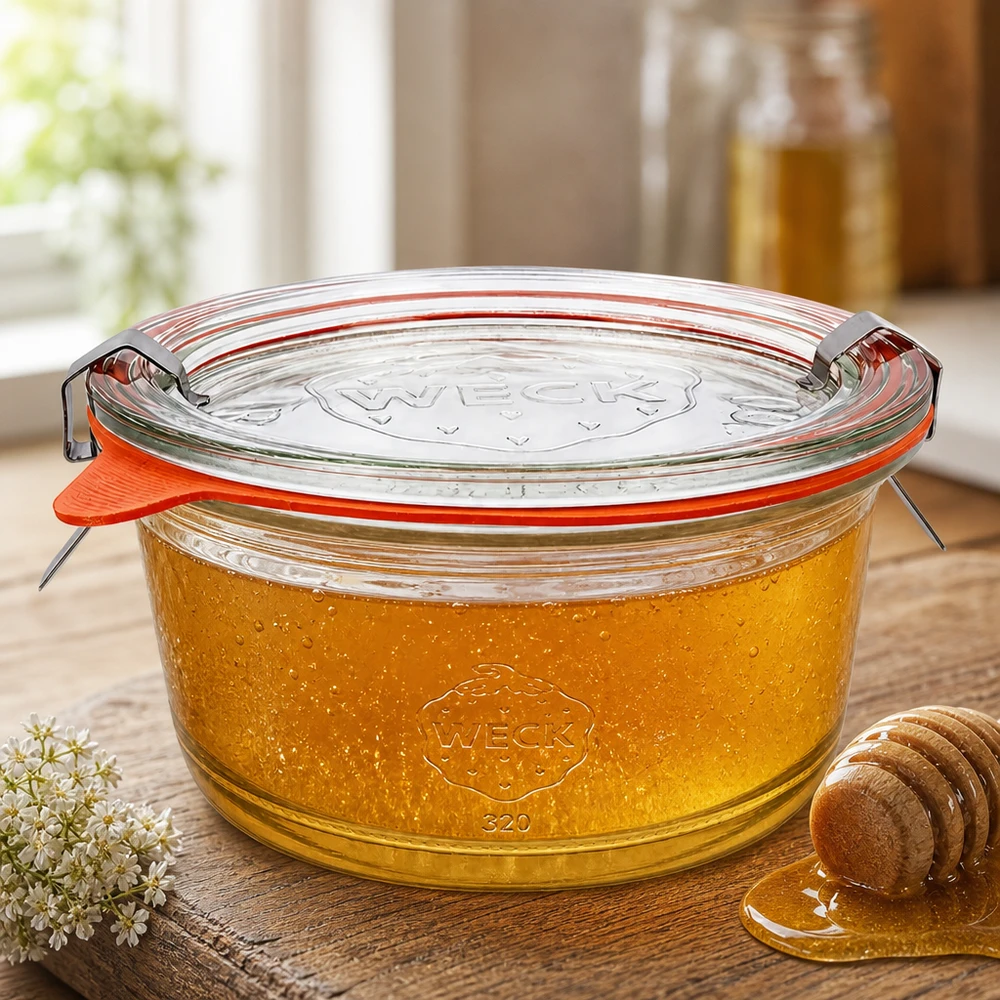 WECK Gourmetglas 450ml RR120 mit Honig gefüllt und Honiglöffel zeigt Verwendung für natürliche Lebensmittel