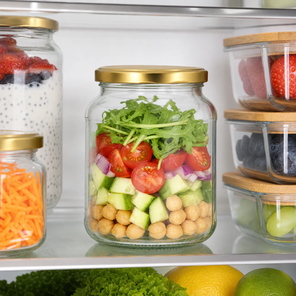 370ml Ovalglas mit BasicSeal Deckel gold UNiTWIST 370ml Ovalglas BasicSeal Deckel gold im Kühlschrank mit geschichtetem Salat - UNiTWIST Vorratsglas für Meal Prep