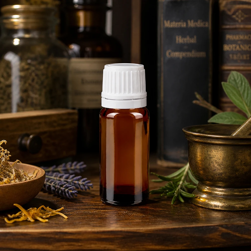 Apothekenflasche braun 10ml Schraubverschluss weiß Originalitätsverschluss Zylindrische 10ml Apothekerflasche Braunglas weißer Schraubverschluss auf Holzoberfläche