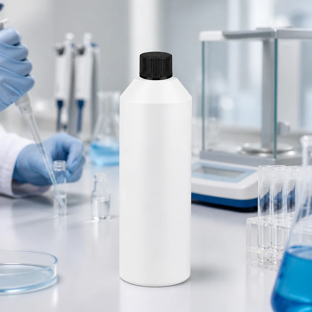 Pharmazeutische Laborflasche 250ml HDPE weiß undurchsichtig mit schwarzem SV