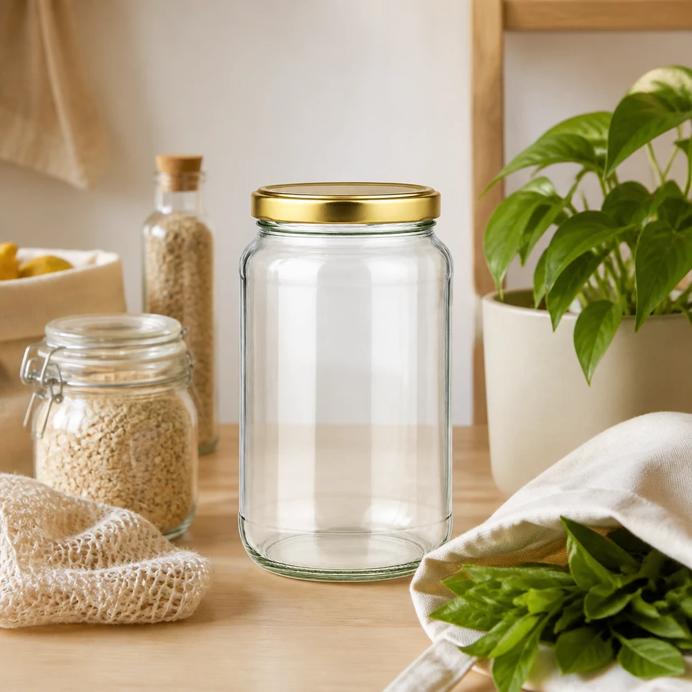 1700ml Rundglas mit BasicSeal Deckel gold UNiTWIST 1700ml Rundglas mit goldenem BasicSeal Deckel in nachhaltiger Zero-Waste Küche zwischen Vorratsgläsern und Pflanzen