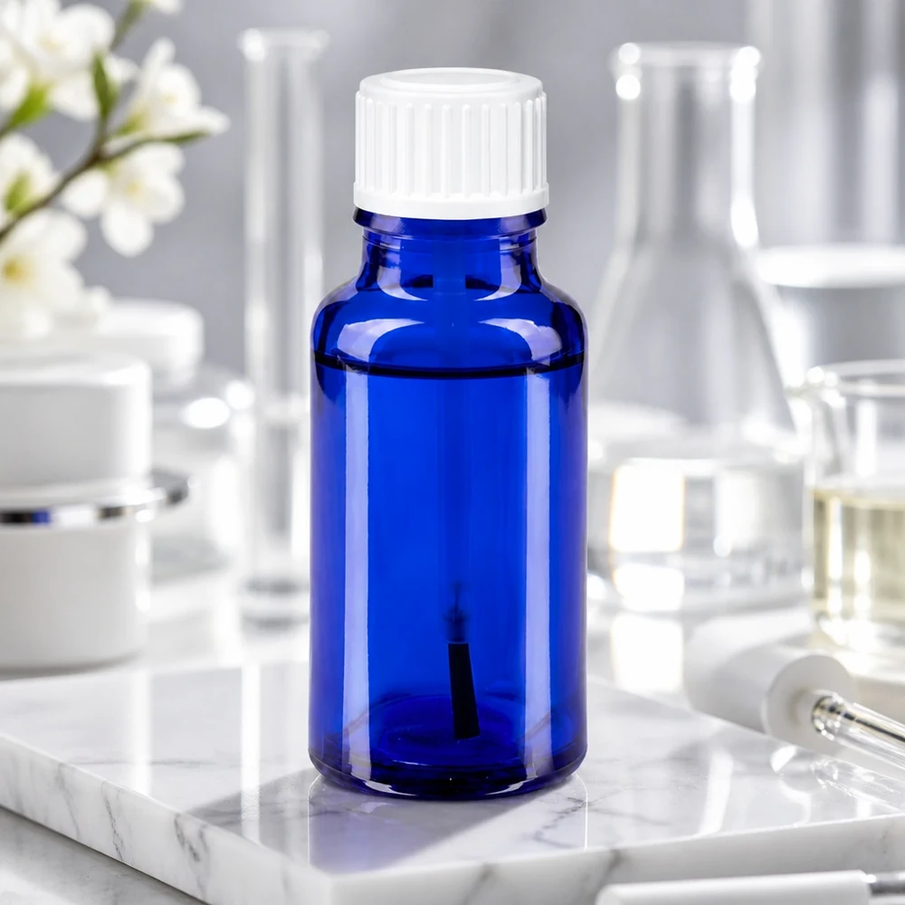 Apothekenflasche blau 20ml Schraubverschluss weiß Pinsel UV-Schutz Glasflasche 20ml kobaltblau weißer Verschluss für Kosmetik