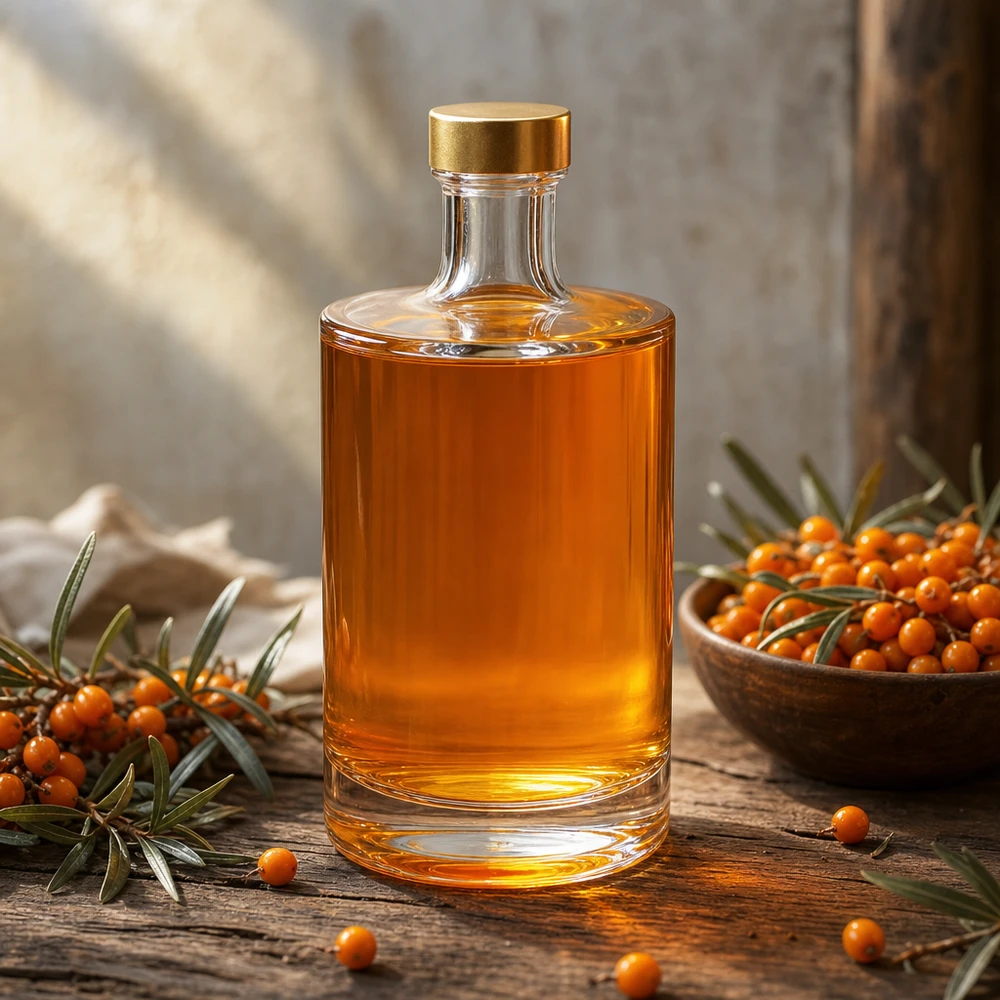500ml Glasflasche "Sam" + Schraubverschluss gold UNiTWIST 500ml Glasflasche Sam mit bernsteinfarbener Flüssigkeit befüllt goldener UNiTWIST Verschluss Sanddorn Beeren natürlich