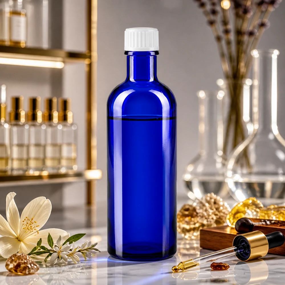 Apothekenflasche blau 200ml Schraubverschluss weiß Standard Schlanke blaue Glasflasche 200ml mit UV-Schutz und weißem Verschluss