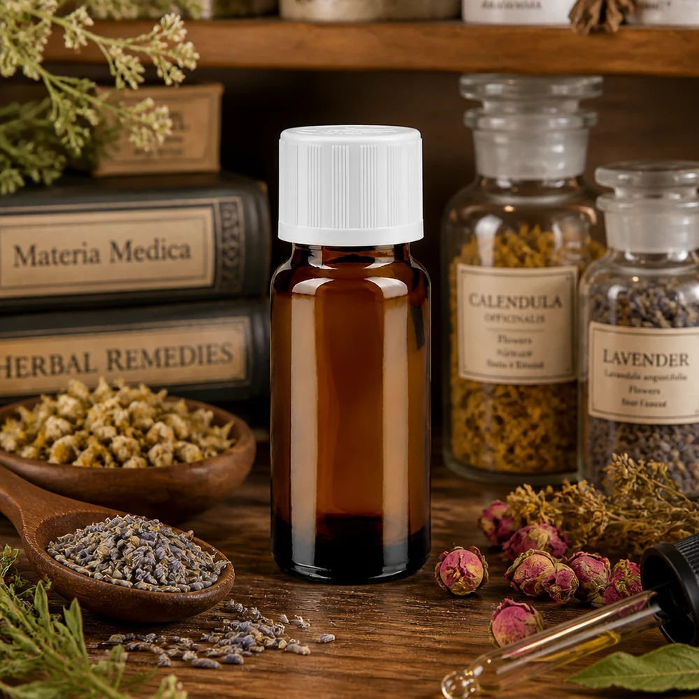 Apothekerflasche 10ml Braunglas mit Kindersicherheitsverschluss neben Calendula und Lavendel-Vorratsgläsern