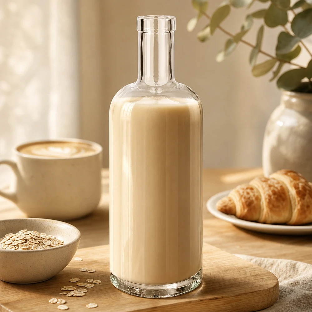 750ml Glasflasche "Attila" ohne Verschluss UNiTWIST® 750ml Glasflasche Emma mit beiger Hafermilch gefüllt neben Kaffeetasse Croissant und Haferflocken auf Holztisch