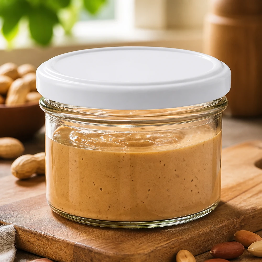 225ml Sturzglas BasicSeal gefüllt mit Nussbutter umgeben von Mandeln und Nüssen auf Holzuntergrund