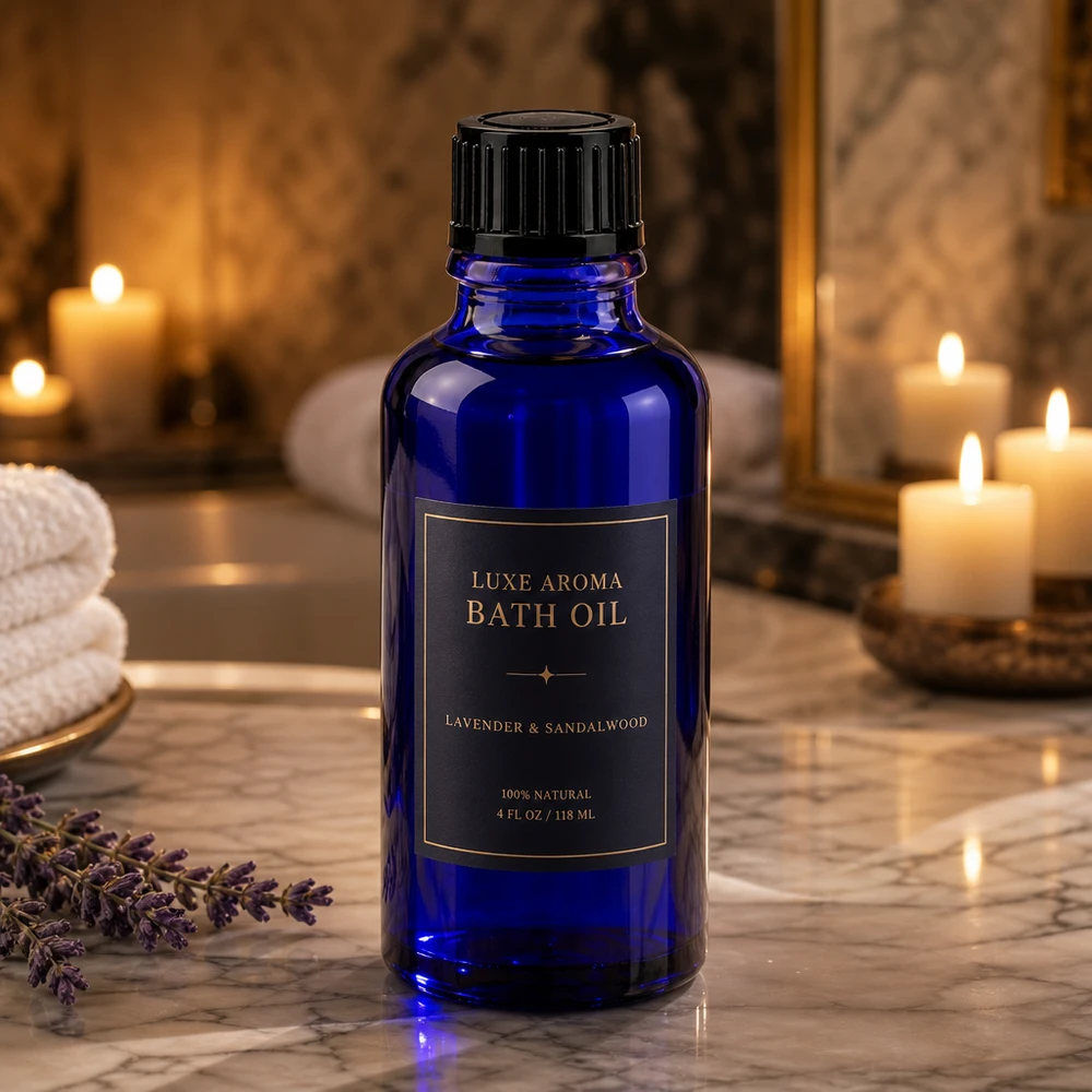 Apothekenflasche blau 30ml Schraubverschluss schwarz Standard Kobaltblaue 30ml Apothekerflasche als Badöl-Verpackung im luxuriösen Spa-Ambiente