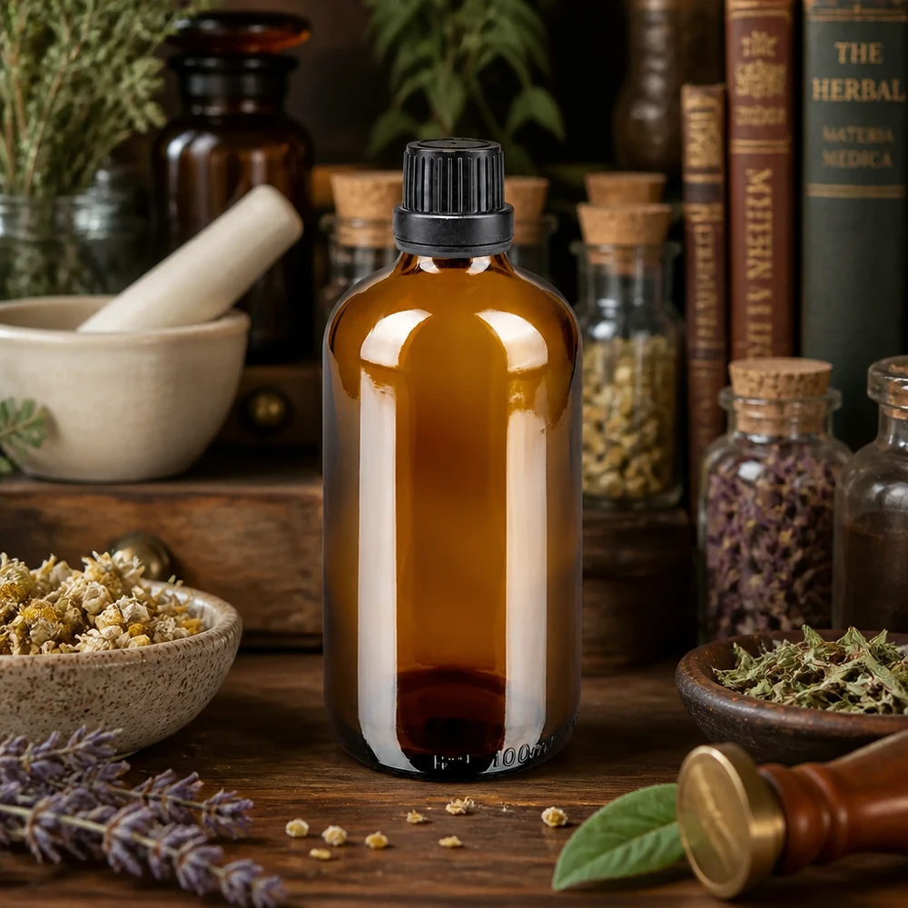 Apothekenflasche braun 100ml Tropfverschluss Premium 2mm schwarz Originalitätsverschluss 100ml Apothekerflasche aus braunem Glas umgeben von Lavendel Kamille und Kräuterbüchern