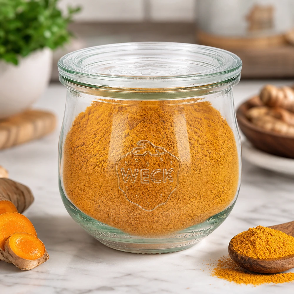 370ml Tulpenglas mit Glasdeckel WECK RR80 WECK Tulpenglas 370ml RR80 mit Kurkumapulver gefüllt in Küche neben Kurkumawurzeln und Gewürzen auf Holzbrett