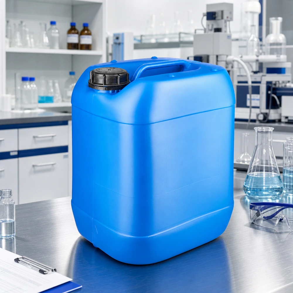 Blauer Flachkanister 20L mit schwarzem Originalitätsverschluss für sichere Chemikalienlagerung