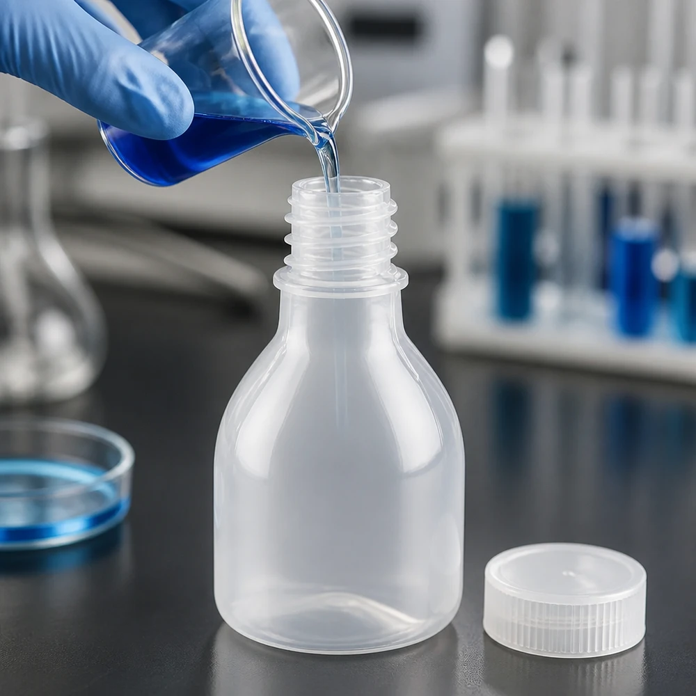 20ml PE-Laborflasche Enghals ohne Verschluss neben Petrischale und Reagenzgläsern im Labor