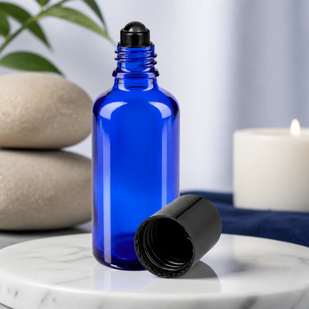 Kobaltblaue Apothekerflasche 50ml mit Rollkugel für ätherische Öle und Parfum