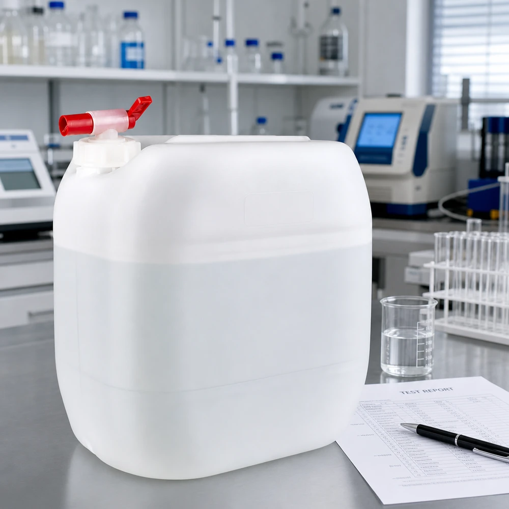 Transparenter weißer Flüssigkeitsbehälter 30L mit rotem Hebelhahn auf Labortisch