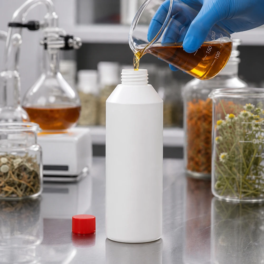 Apothekenflasche HDPE 250ml weiß, mit rotem Schraubverschluss Pharmazeutische HDPE Flasche 250ml weiß mit rotem Verschluss beim Abfüllen von Kräuteröl