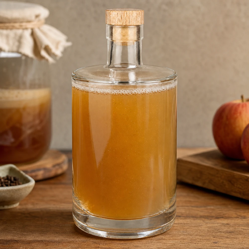 700ml Glasflasche Marie mit bernsteinfarbenem Inhalt und Korken zwischen Apfel und Gewürzen auf rustikalem Holztisch
