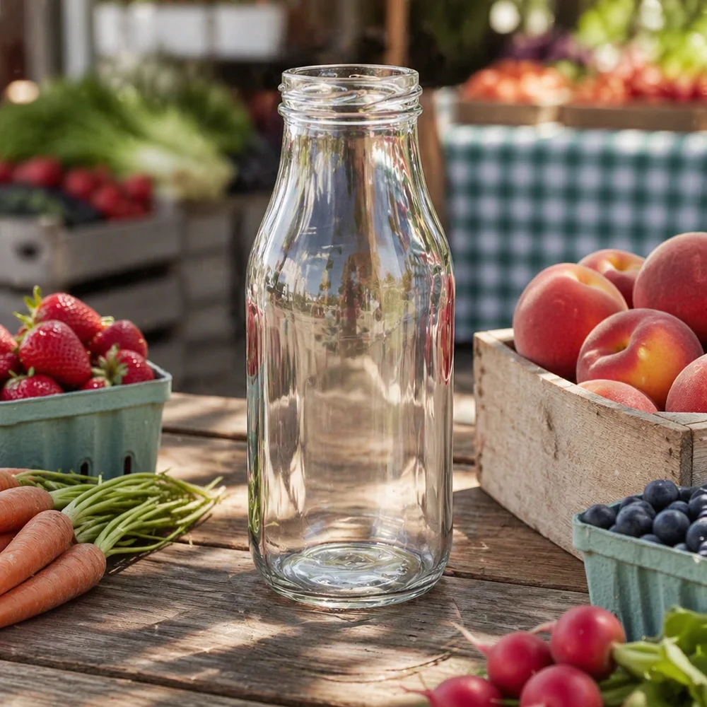 UNiTWIST Glasflasche 263ml transparent auf Holztisch mit frischem Obst und Gemüse für nachhaltiges Abfüllen im Alltag