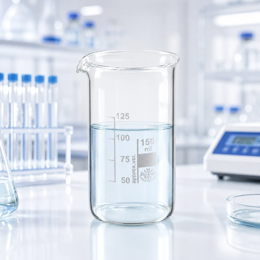 Becherglas 150ml Borosilikatglas, hohe Form Hohes Laborglas 150ml mit klarer Flüssigkeit neben Reagenzgläsern und Petrischale im Labor