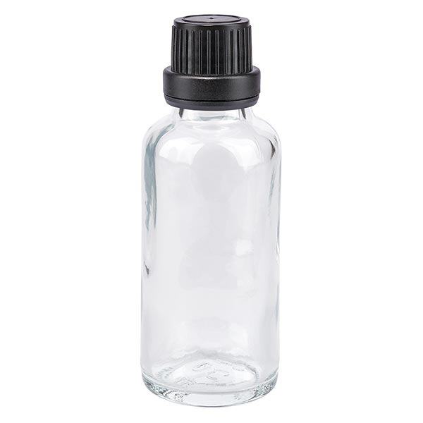 Apothekenflasche klar 30ml Schraubverschluss schwarz Dichteinlage Originalitätsverschluss Apothekenflasche klar 30ml Schraubverschluss schwarz Dichteinlage Originalitätsverschluss
