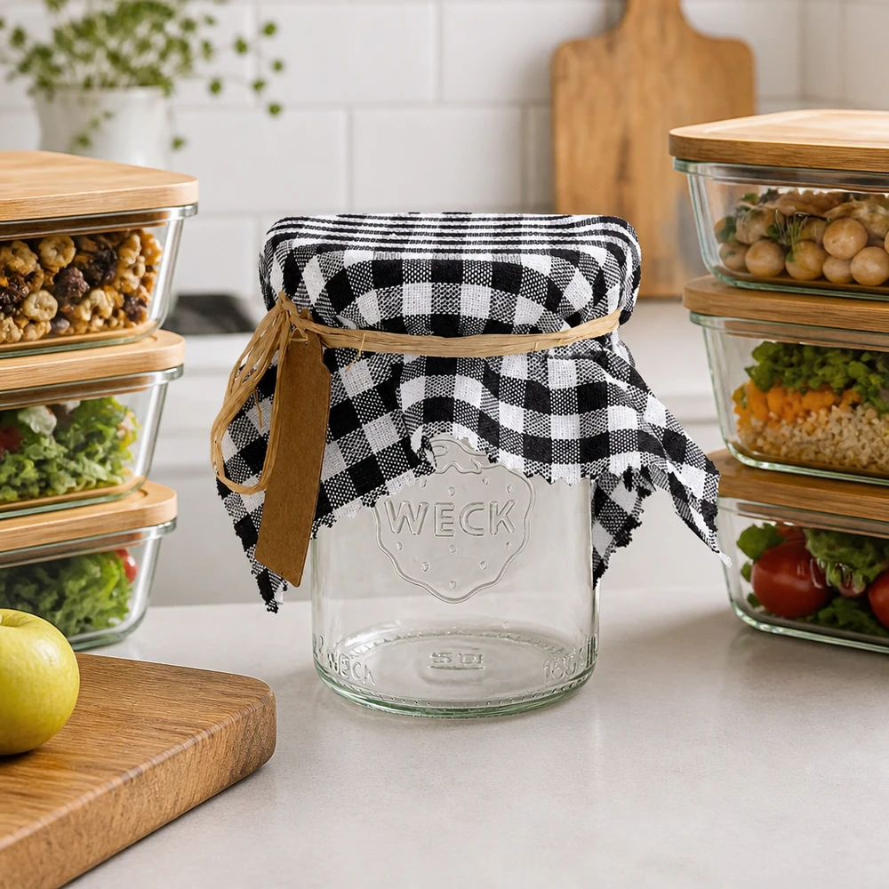 Stoff Schmuckdeckchen schwarz-kariert 15cm eckig Schwarz-weiß kariertes Schmuckdeckchen auf leerem Weckglas zwischen Vorratsbehältern Küchenszenerie 15cm eckig