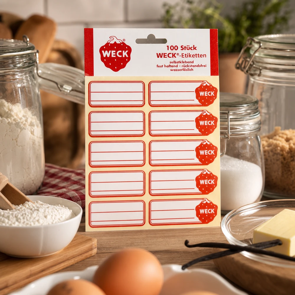 WECK Etiketten 19x13mm (Pack(s) mit 100 Stück) WECK Etiketten Packung mit 100 roten Aufklebern in Küche mit Vorratsglasern Eiern Butter Getreide Backzutaten