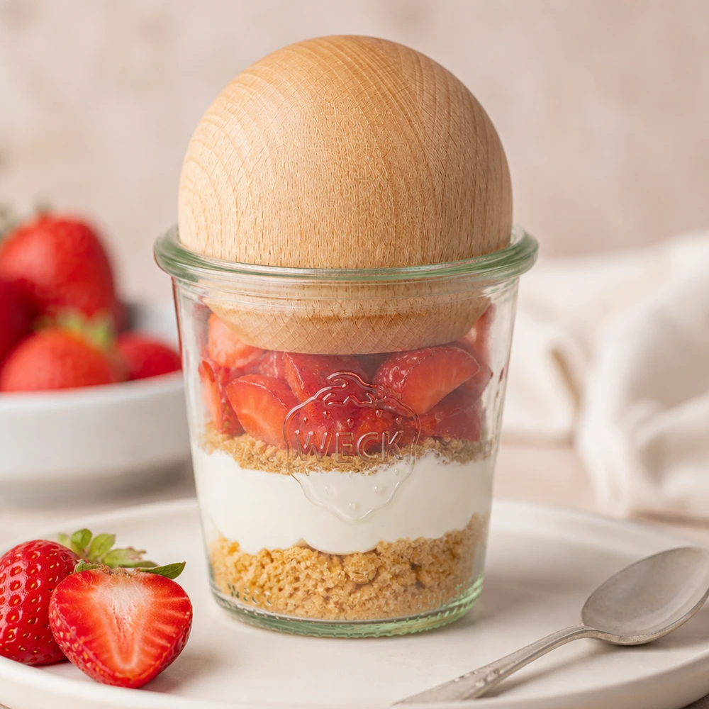 WECK Sturzglas 290ml RR80 Dessert-Schichtglas mit Erdbeeren Sahne Keksboden und Buchenkugel-Verschluss