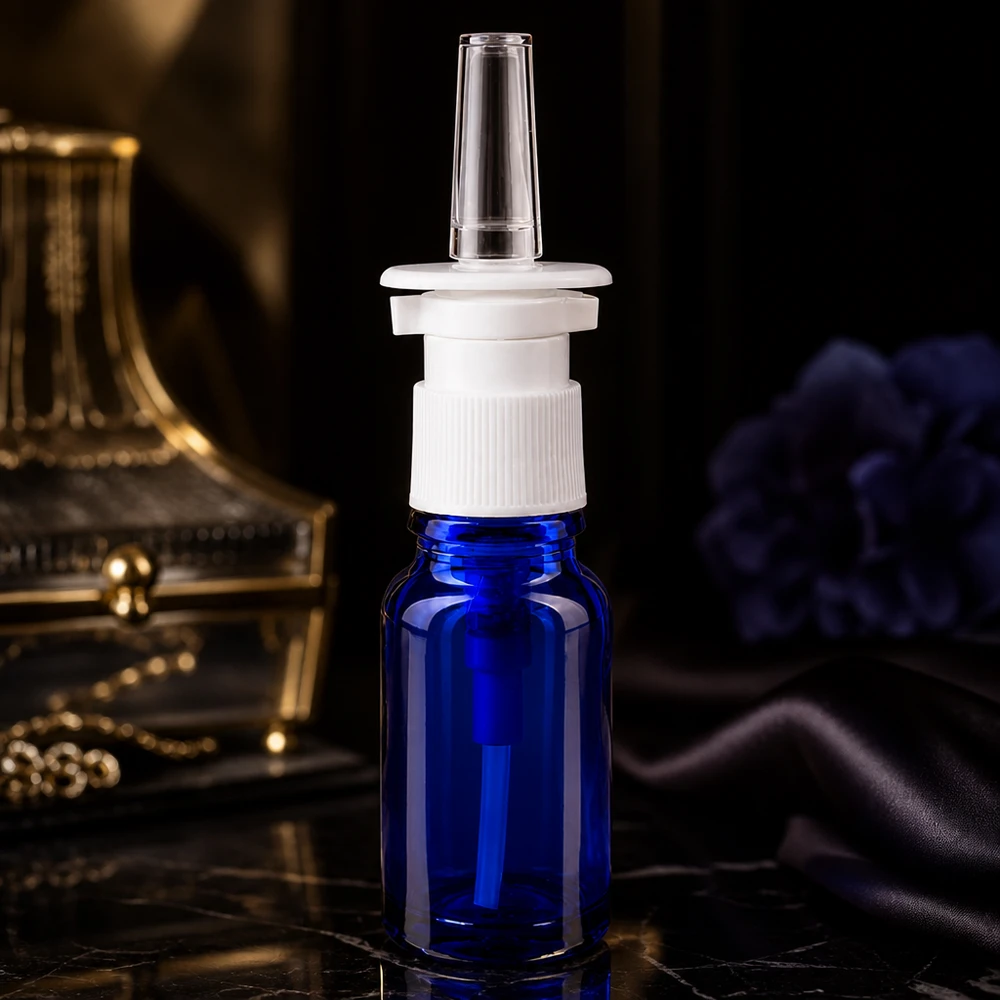 Kompakte Nasenspray-Glasflasche 10ml in Blau mit weißem STD-Pumpverschluss für Apotheken
