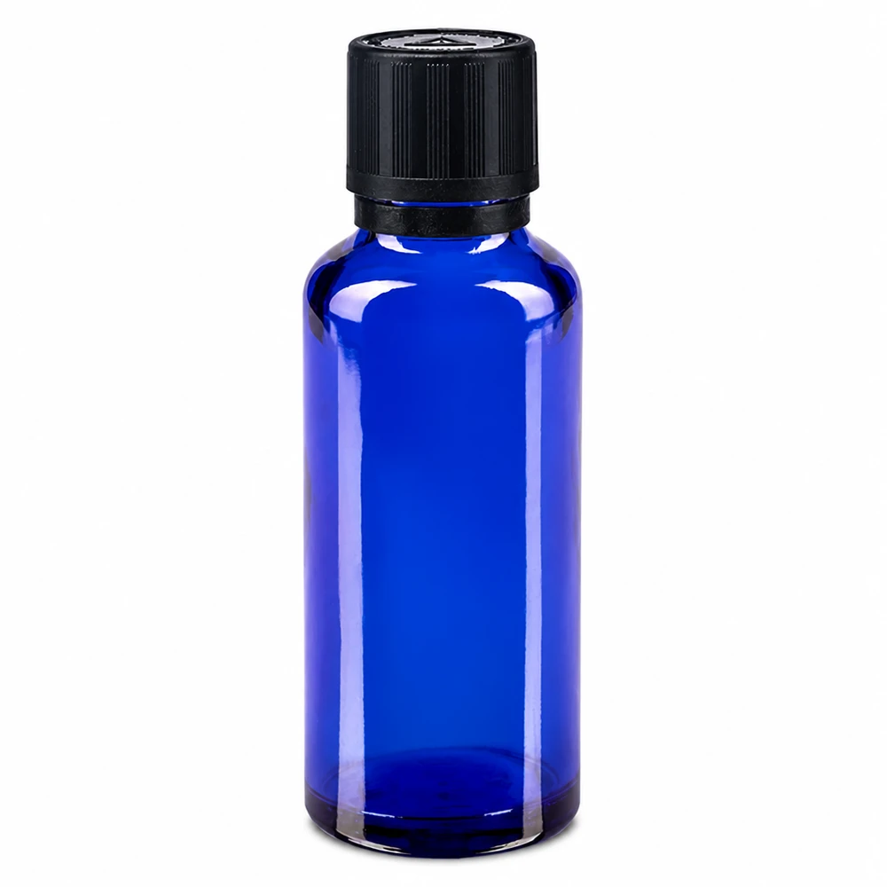 Apothekenflasche blau 30ml Tropfer Giessring 1mm schwarz Kindersicherung Blindenwarnsymbol Originalitätsverschluss Blaue Glasflasche 30ml mit OV KiSi Verschluss schwarz für Tropfen und ätherische Öle