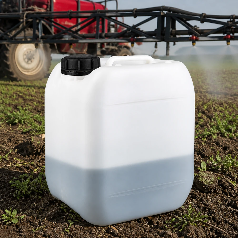 Robuster 5 Liter Kanister aus PE auf Ackerboden mit Feldspritze im Hintergrund
