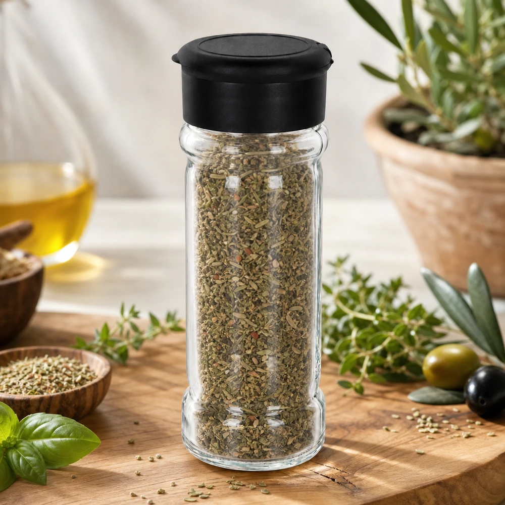 Salz-/Gewürzglas 100ml mit Streuer schwarz Klarglas Gewürzstreuer 100ml mit getrockneten Kräutern und schwarzem Kunststoffdeckel