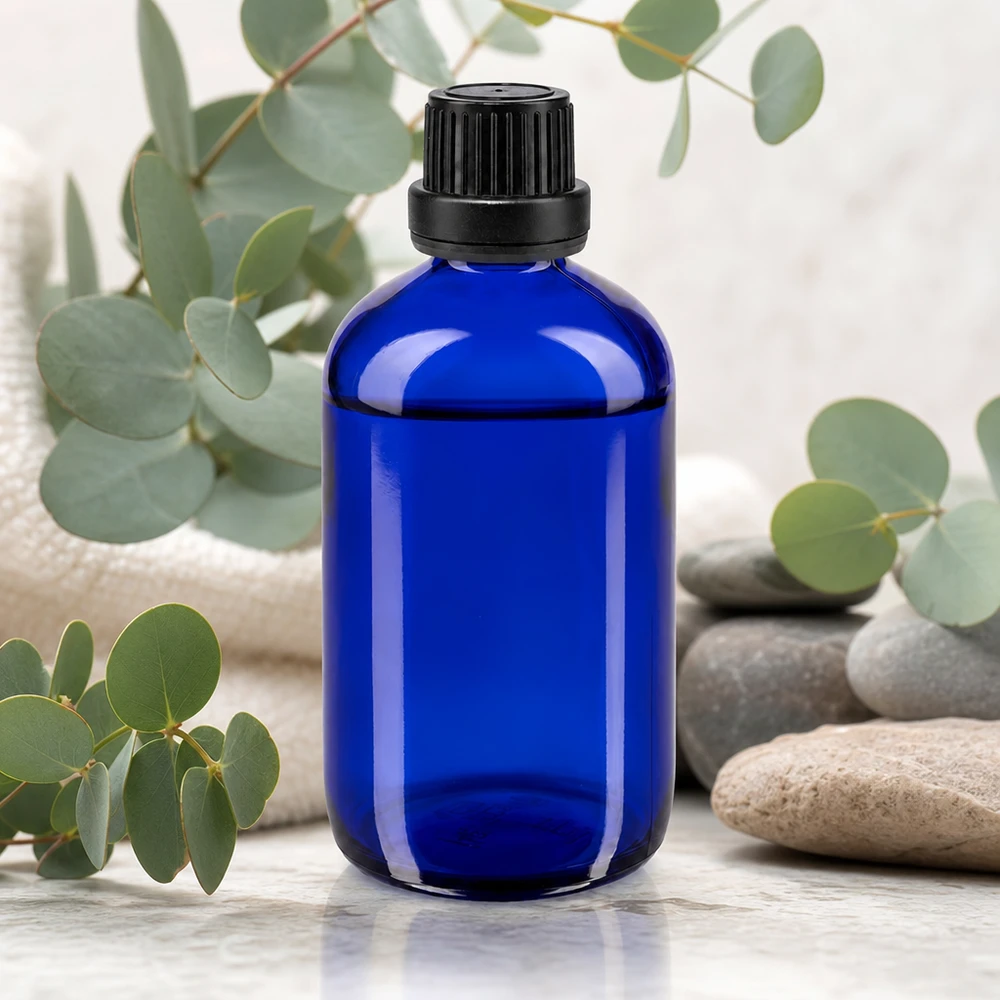 Apothekenflasche blau 100ml Schraubverschluss schwarz Dichteinlage Originalitätsverschluss Kobaltblaue Glasflasche 100ml mit Sicherheitsverschluss für Naturkosmetik und Aromatherapie