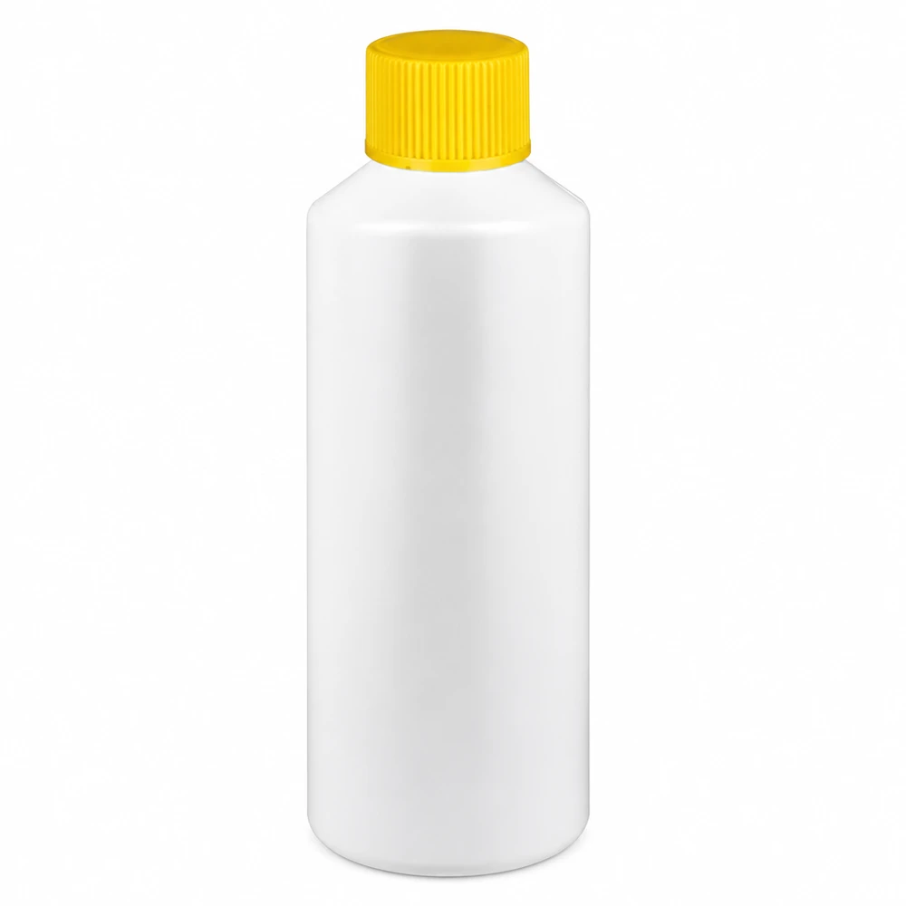 Apothekenflasche HDPE 100ml weiß, mit gelbem Schraubverschluss Weiße Apothekenflasche aus HDPE Kunststoff 100ml gelber SV