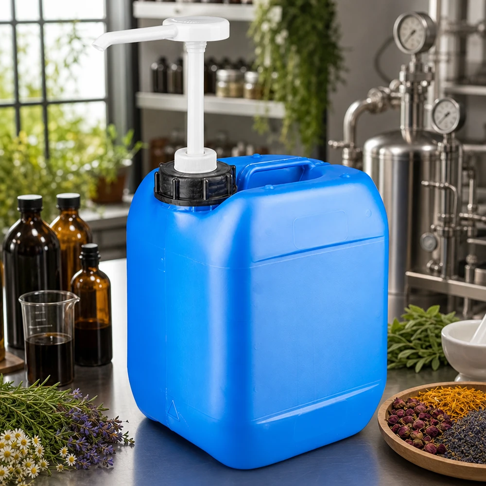 Kanister 5 Liter blau mit Dosierpumpe HDPE Kanister 5L blau mit Schraubverschluss und Pumpe in der Naturkosmetik Herstellung