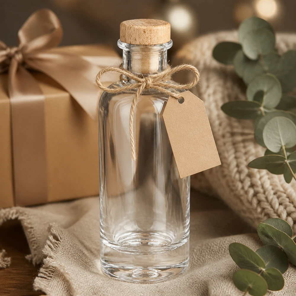 200ml Glasflasche Ella leer mit Holzkorken und Geschenkanhänger in natürlicher Deko-Szene mit Eukalyptus und Jutestoff