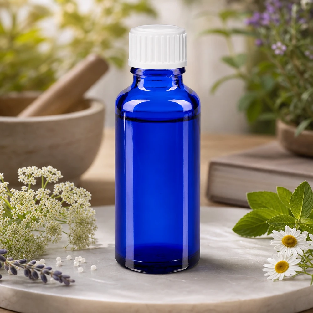 Kobaltblaue 30ml Flasche mit weißem Schraubdeckel auf Marmor mit Kamille und Lavendel