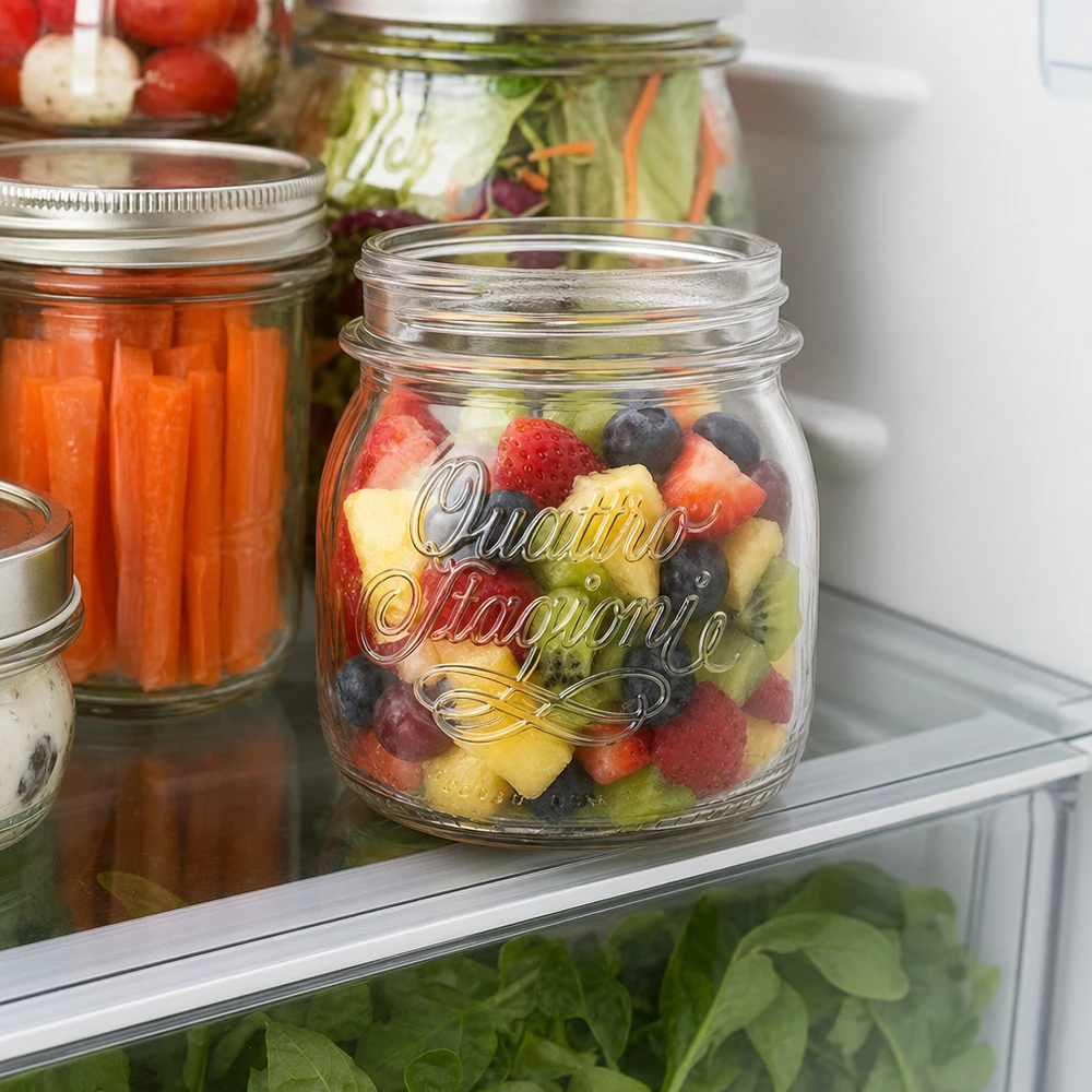 250ml Quattro Stagioni Haushaltsglas mit buntem Obstsalat im Kühlschrank - perfekt für Meal Prep und Aufbewahrung