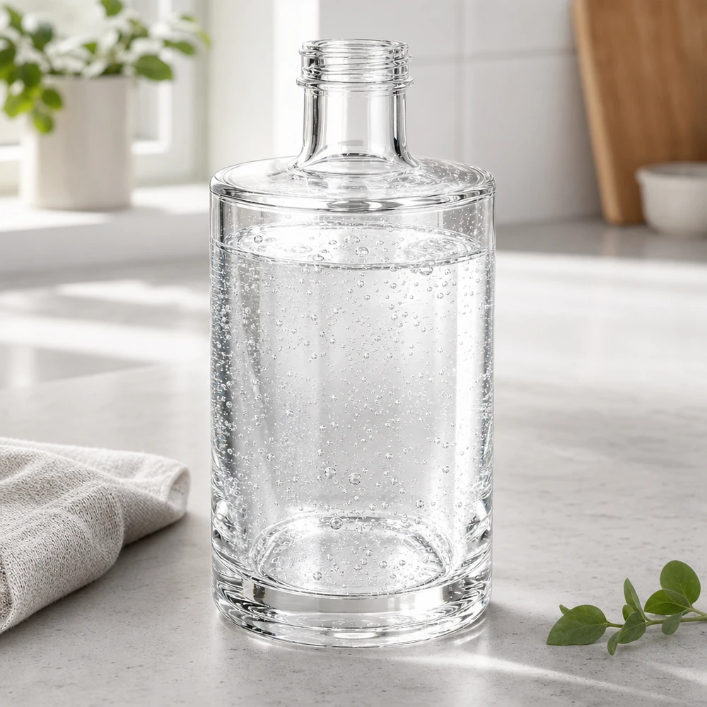 375ml Glasflasche "Sam" ohne Schraubverschluss UNiTWIST 375ml Glasflasche Sam mit Sprudelwasser gefüllt auf heller Küchenarbeitsplatte mit Küchenhandtuch und Pflanze