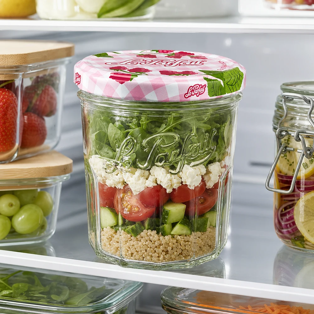 324ml Le Parfait Sturzglas mit Schichtsalat im Kühlschrank zeigt praktische Meal-Prep-Verwendung des Einmachglases