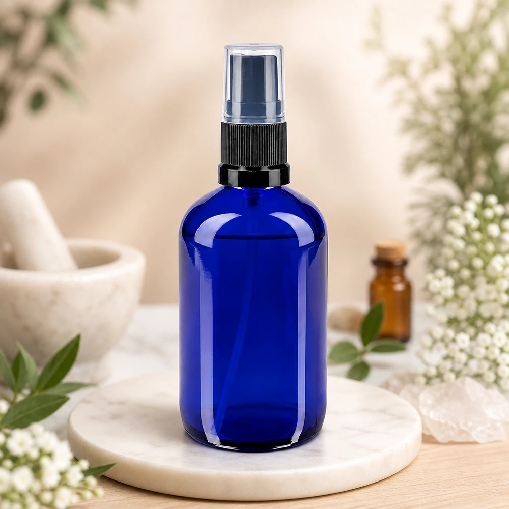 Kobaltblaue Glassprayflasche 100ml mit transparenter Schutzkappe und weißen Blüten